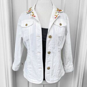 Hearts Of Palm - White Button Up Denim Jacket with Beaded Collar